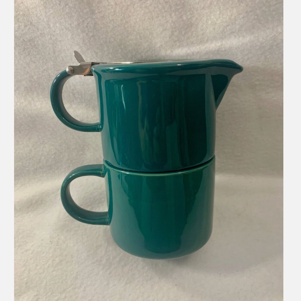 Sema Design Teal Ceramic Tea-for-One Set Stacking Teapot & Mug with Infuser